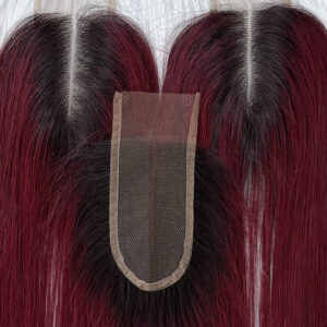 Closure Hair Extension 2x6 - Burgundy Color With Dark Roots